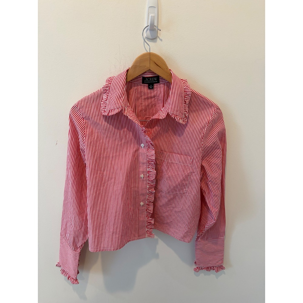 J.Crew Red White Striped Ruffle Trim Cropped Cotton Button Down Shirt XS